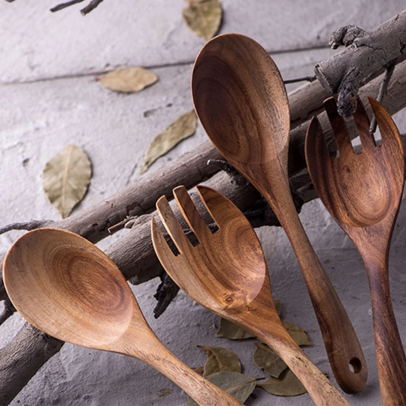 

F1CC 8.7 Inch Acacia Wooden Salad Servers Rice Spoon Fork with Long Handles Dinner Mixing Cooking Utensils Kitchen Cookware
