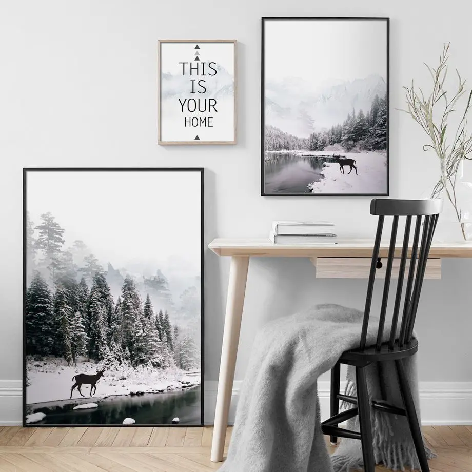 

Snow Mountain Pine Tree Deer Wall Art Print Canvas Painting Nordic Canvas Poster And Prints Wall Pictures For Living Room Decor
