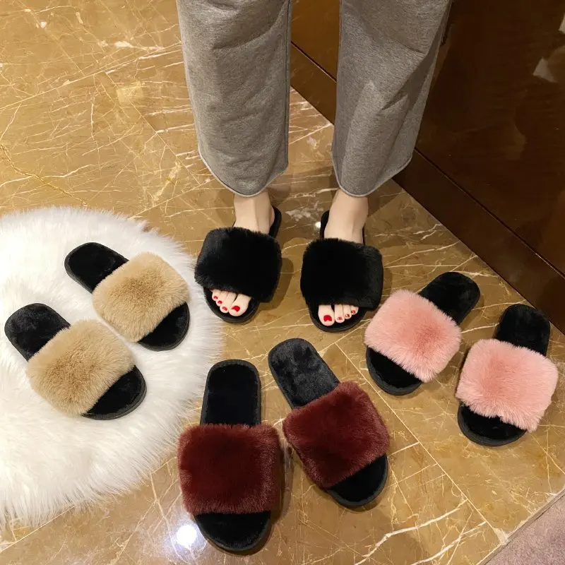 Solid Fur Slides New Winter Warm Slippers Women Shoes Woman Flat Sole Furry for Plus Size Zapatos De Mujer | Обувь