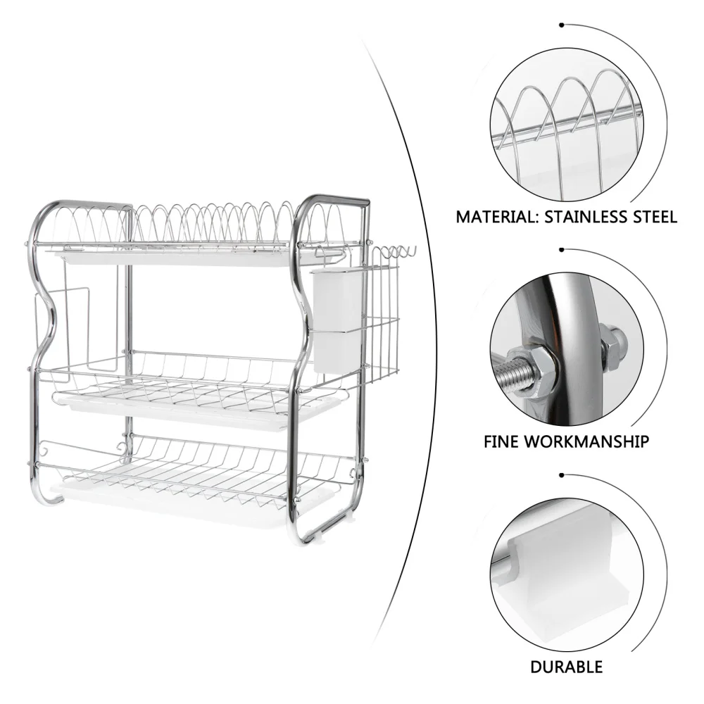 

1pc Stainless Steel Storage Rack Draining Rack 3 Tier Dish Rack for Home Kitchen