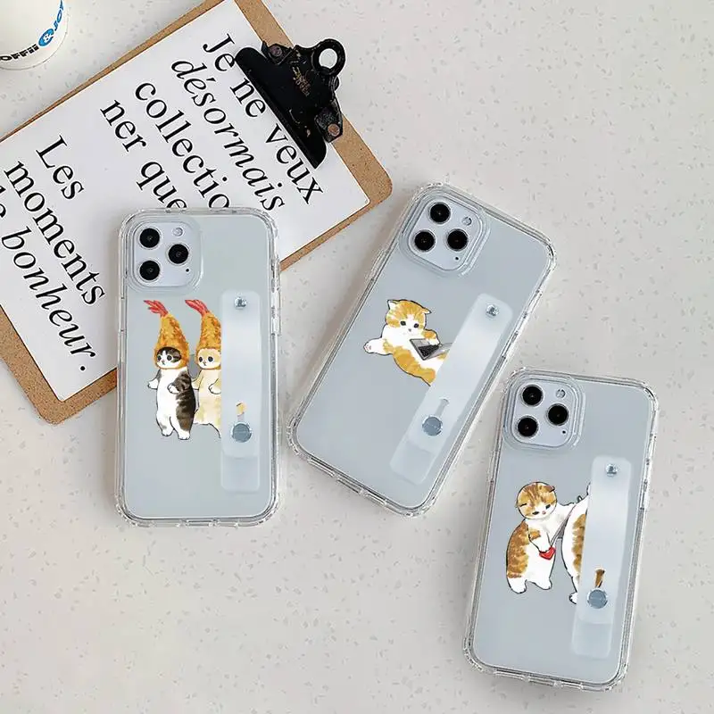 

cartoon cute Cat Phone Case Wrist Strap For iPhone 7 8 11 12 X XS XR MINI Pro Max Plus Hand Band Transparent Clear