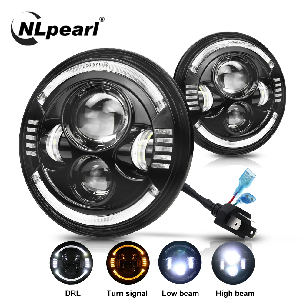 

NLpearl 2x 7 Inch LED Headlight H4 Hi-Lo With Halo Angel Eyes For Lada 4x4 Offroad Niva Jeep JK UAZ Hunter Hummer Beetle Classic