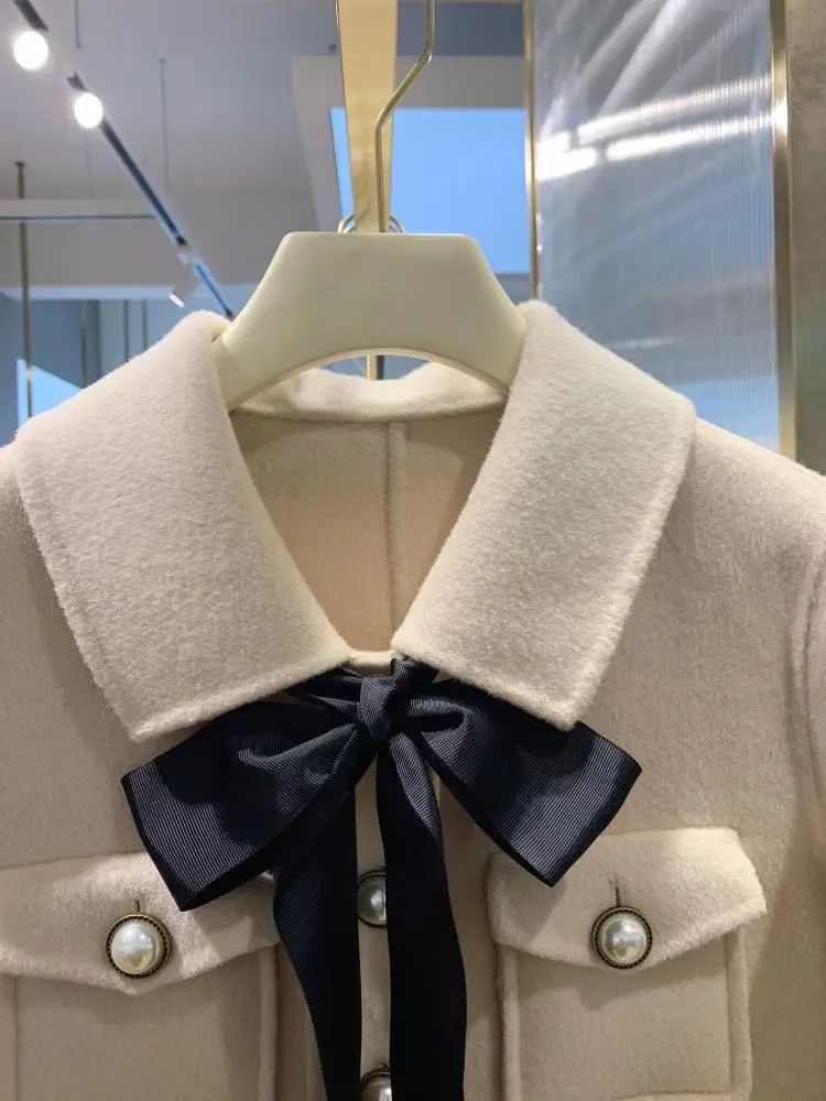 

2020 New elegant handmade wool coat beige high-end double-sided cashmere coat women's middle long bow retro woolen coat
