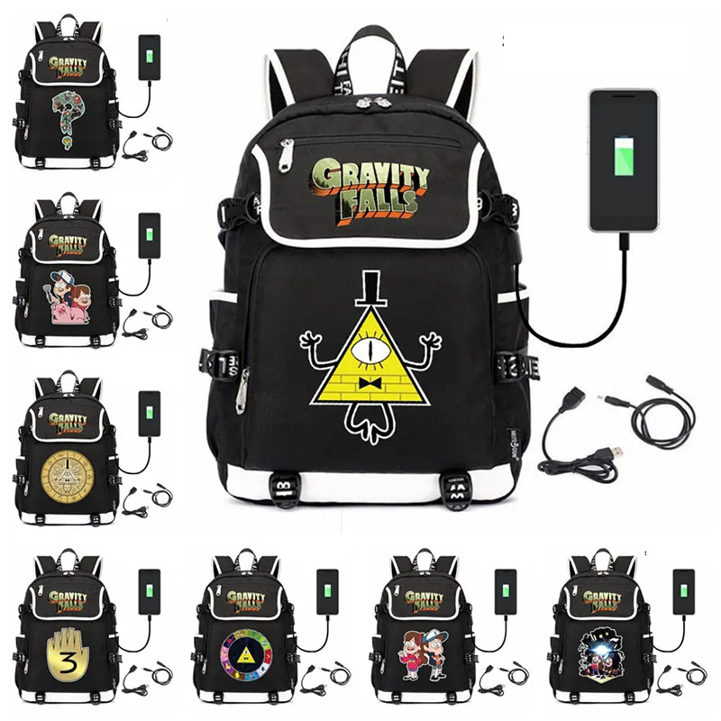 Mochilas dos Desenhos Bolsa de Escola do Estudante com Impressão de Carregamento Número do Diário Mochila de Viagem Animados Bill Cifra Portátil Ocasional Usb