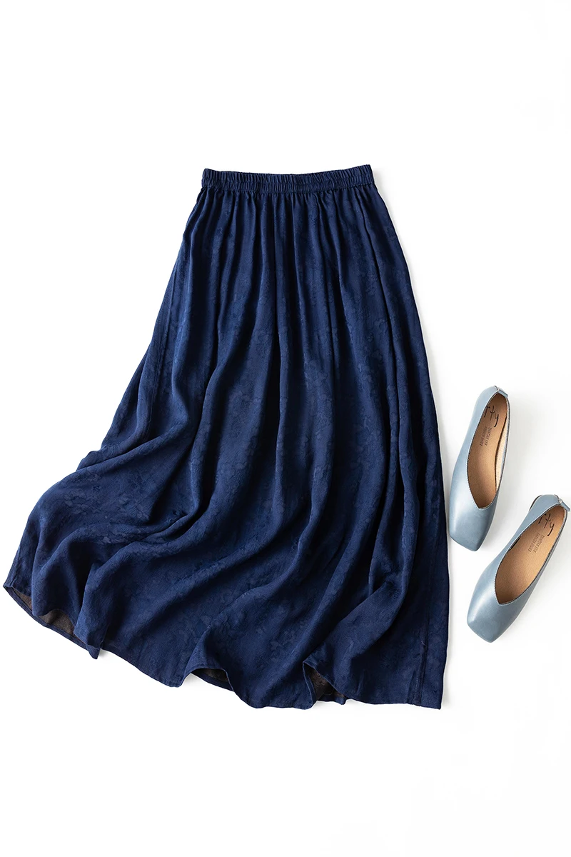 

SHUCHAN High Quality Long Skirts for Women 100% Natural Silk Floral A-LINE Mid-Calf Japan Style Faldas Largas Mujer