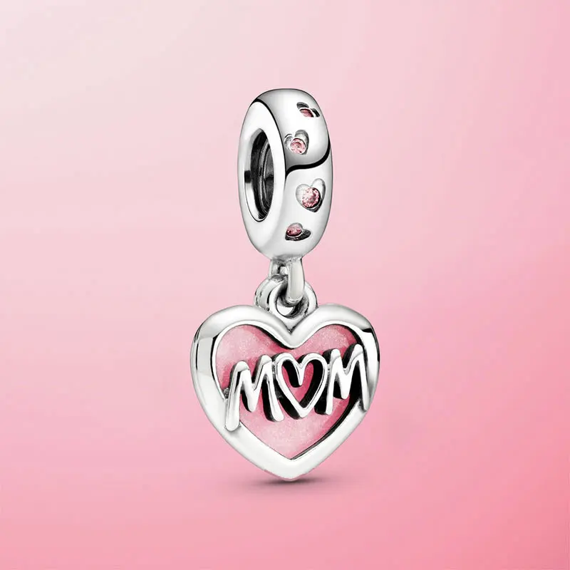 

925 Sterling Silver Beads Mum Mom Script Heart Dangle Charm fit Original pan Bracelet Jewelry Gift For Mother Mum