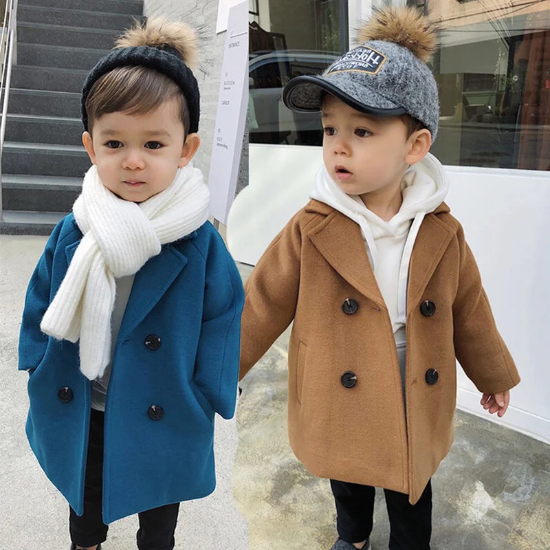 Новые зимние куртки Однотонное шерстяное двубортное шерстяное пальто для мальчиков модная детская верхняя одежда с отворотом, пальто для мальчиков, ветровка для детей возрастом от 1 года до 5 лет