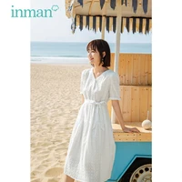 inman summer white dress women lady elegant style beach v neck buttons stereoscopic jacquard stitching cuffs droopy one piece