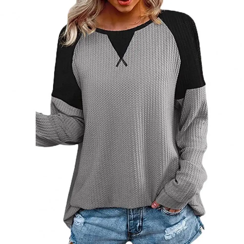 

Women T-shirt Patchwork Long Sleeve O Neck Casual Crew Neck Ribbing Loose Pullover Top Casual Fashion Streetwear Tees