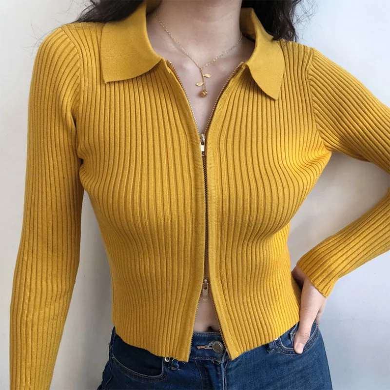 

Весенний Новый женский свитер в европейском и американском стиле, привлекательный трикотажный кардиган с длинным рукавом и отложным ворот...