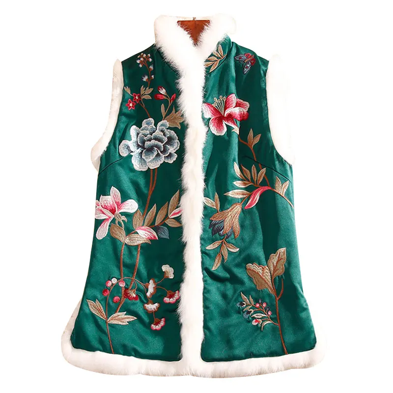 High-end New Autumn Women Cotton Vest Top Stitching Rabbit Hair Chinese Style Retro Embroidery Elegant Lady Sleeveless Vest