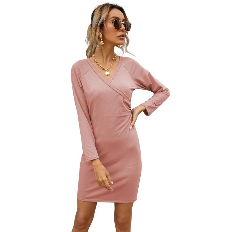 Summer Women Solid Color  Long Sleeve Sexy Mini Dress Mid Waist V-neck Slim Tight Dress Holiday Party Ladies Dresses