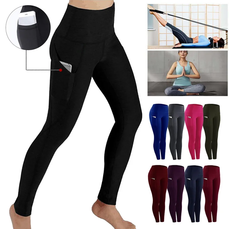 

Sports Gym Long Pants Ladies Solid Color High Waist Fitness Hip Lifting Pants Side Pocket Running Yoga Pants 2021