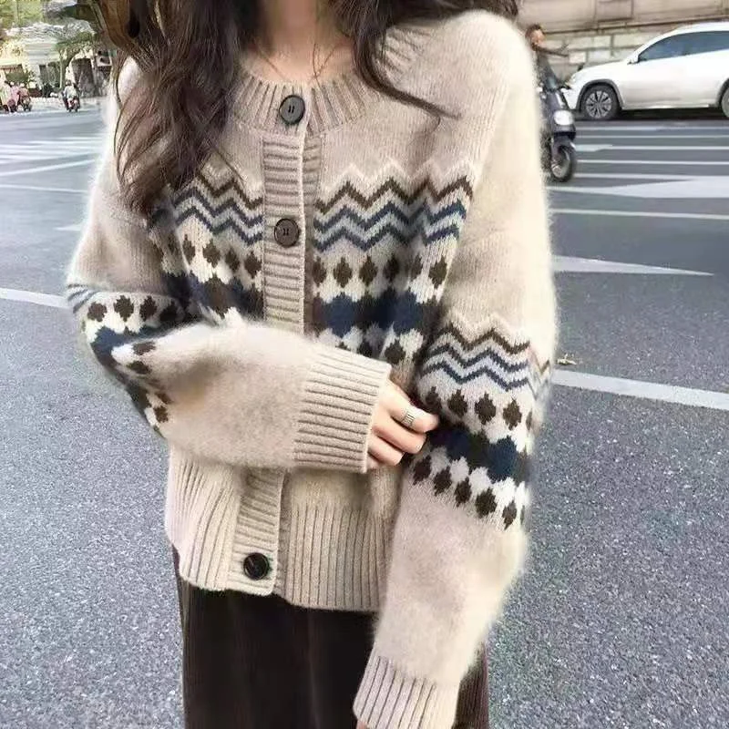 

New Autumn Argyle Sweater Coat Women Contrast Color Long Sleeve Knitted Cardigan Korean Chic All-match Fashion Tops Female