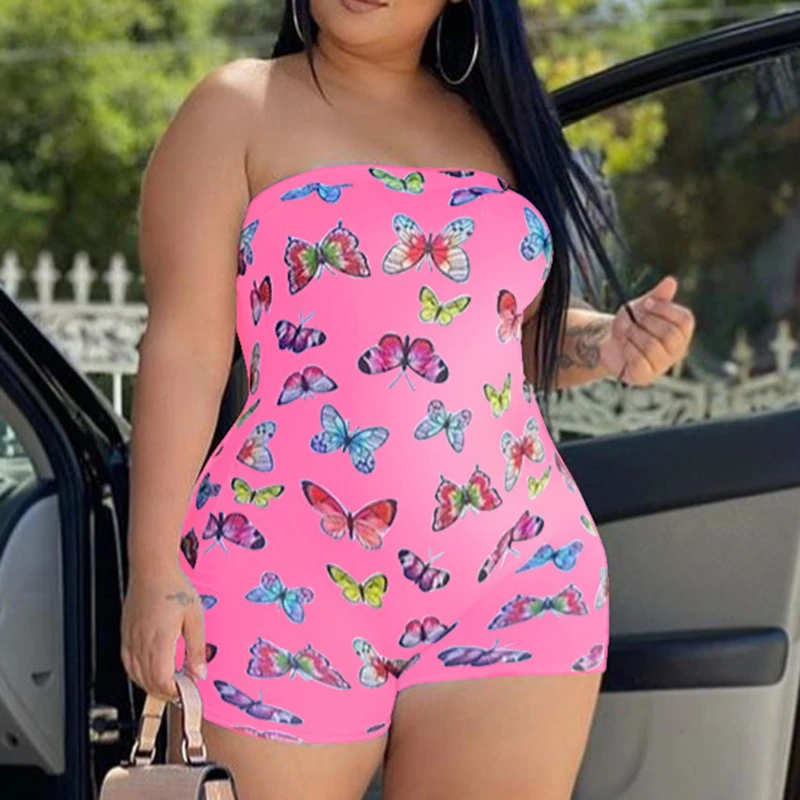 

Butterfly Animal Print Strapless Off Shoulder Playsuit Jumpsuit 2022 Sexy Clubwear Rompers Summer Party Jumpsuit Shorts