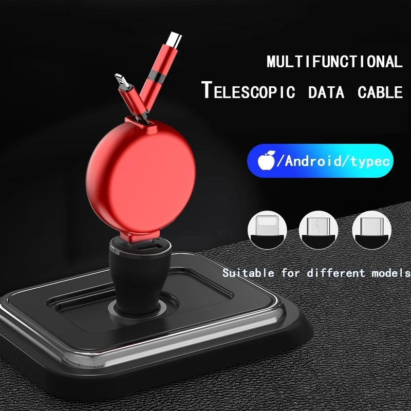 

USB Fast Charge Two-wire Retractable Data Cable Three-in-one Retractable Fast Charging Data Cable Car Home Use with Adapter