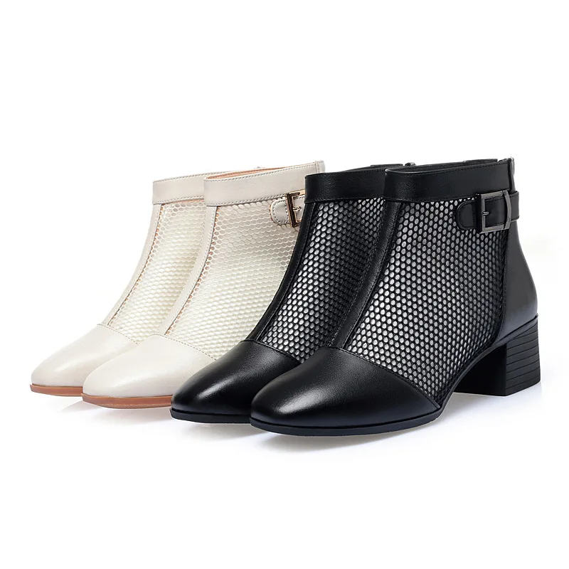 Кожаные короткие ботинки с мягкой подошвой сетчатые на среднем каблуке осенние
