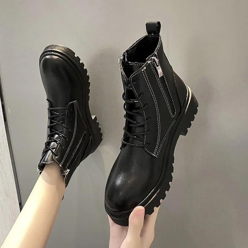 Autumn Winter Women Fashion Lightweight Comfortable Round Toe Shoes Ladies Lace-up Thick-soled Non-slip Women's Platform Boots