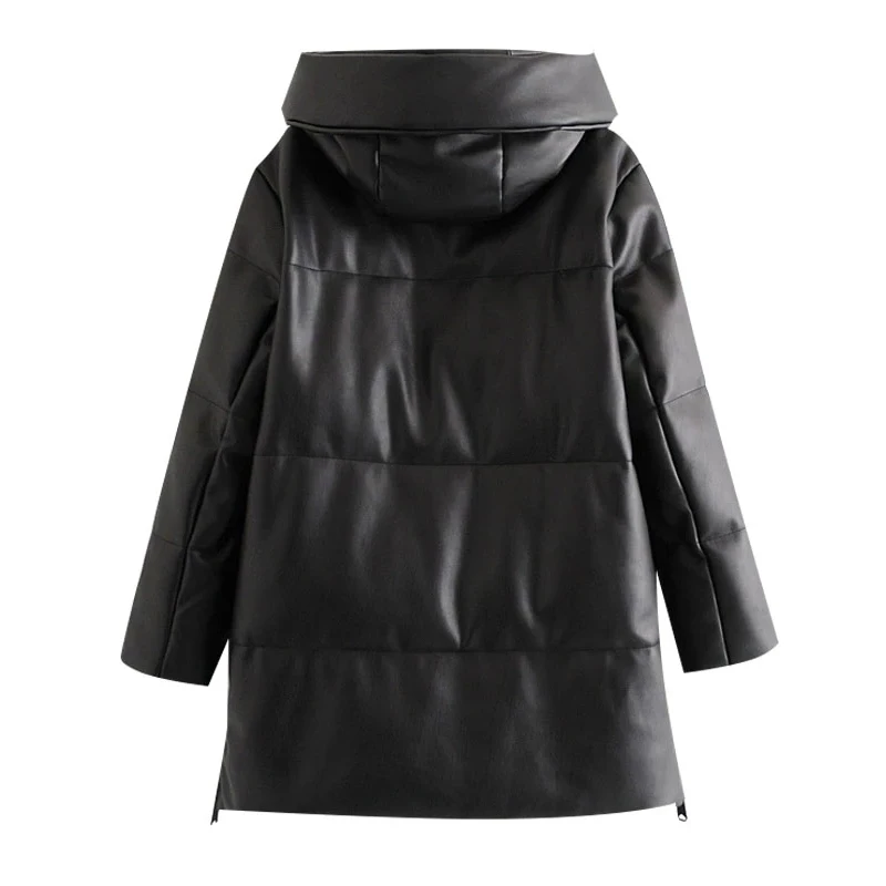 Women 2021 Winter Fashion Thick Warm Faux Leather Parkas Vintage Hooded Long Sleeve Padded Jacket Female Chic Long Overcoat