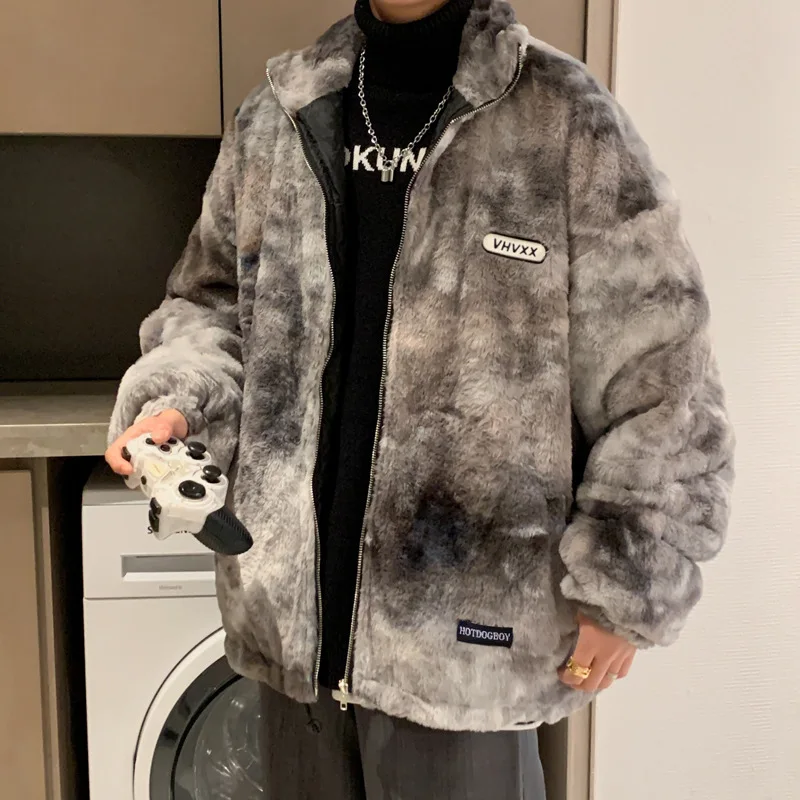 Men's Fashion Tie-dye Imitation Lamb Wool Coat Winter Warmth Cotton Coat Plus Velvet Thickening Tide Brand Winter Jacket