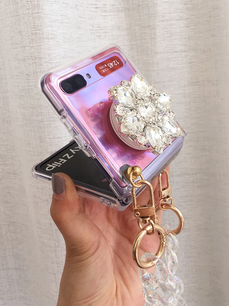 diamond flower transparent phone case with crystal chain for samsung galaxy z flip 5g protective case capa for galaxy z flip 3 free global shipping