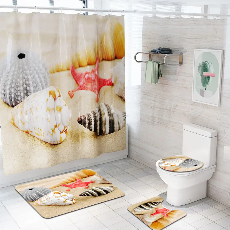4 Pcs Beach Shell 3d Shower Curtain Pedestal Rug Lid Toilet Cover Mat Bath Carpet Set Bathroom Curtains with 12 Hooks Home Decor