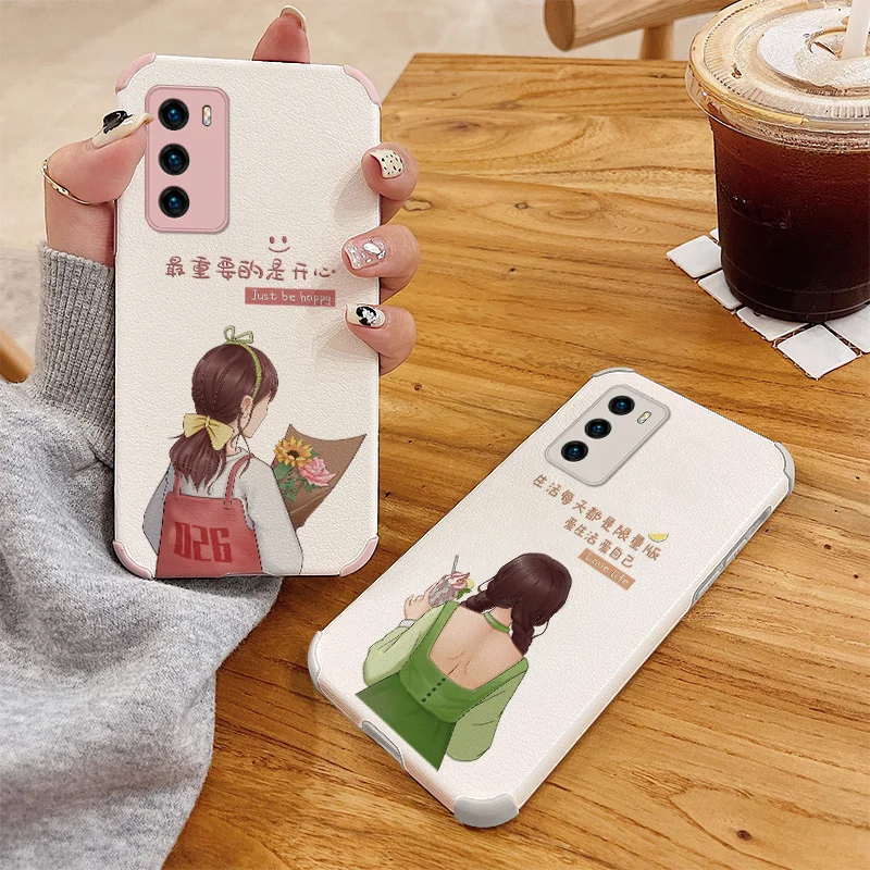 

Happy Every Day Ins Solid Bumper PU Leather Case For Huawei P40 P30 P20 Mate 40 30 20 Pro 20X Y7a P Smart 2021 Soft Phone Cover