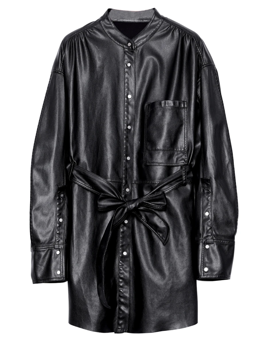 

AIGYPTOS Original design women's 2020 spring and autumn new loose stand-up collar leather mid-length casual windbreaker jacket