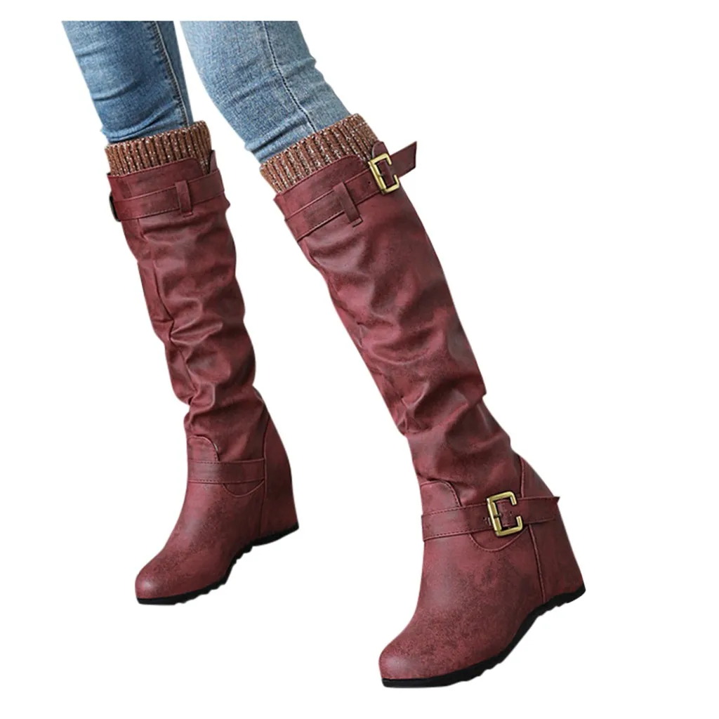 Женские высокие сапоги до колена на танкетке без шнуровки однотонные ботильоны с