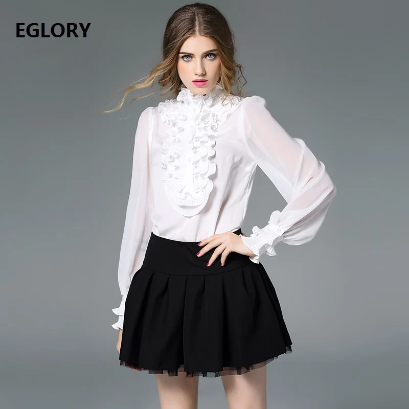 2021 Spring Hot Sale Blouse Shirt High Quality Women Ruffle Flowers Deco Long Sleeve Black White Silk Chiffon Shirts Female Tops