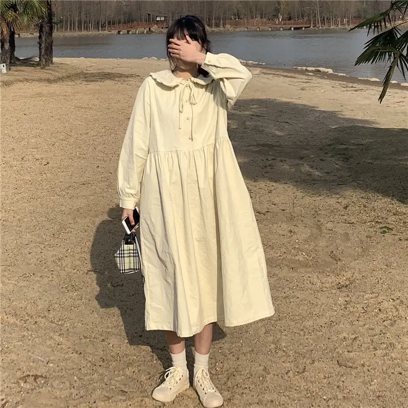 

QWEEK Autumn Korean Dress Women 2020 Casual Long Sleeve Dress Midi Preppy Style High Waist Plus Szie Dresses for Women Vestidos