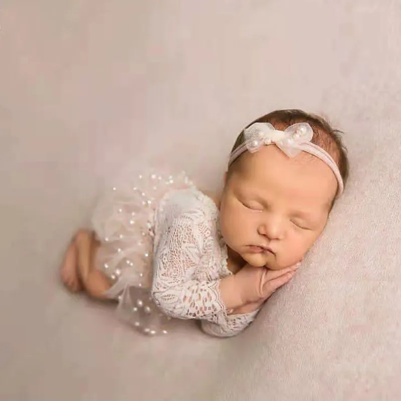 Dvotinst Newborn Baby Photography Props White Backless Outfit One-piece Headband Pearl Skirt Fotografia Studio Shoot Photo Props