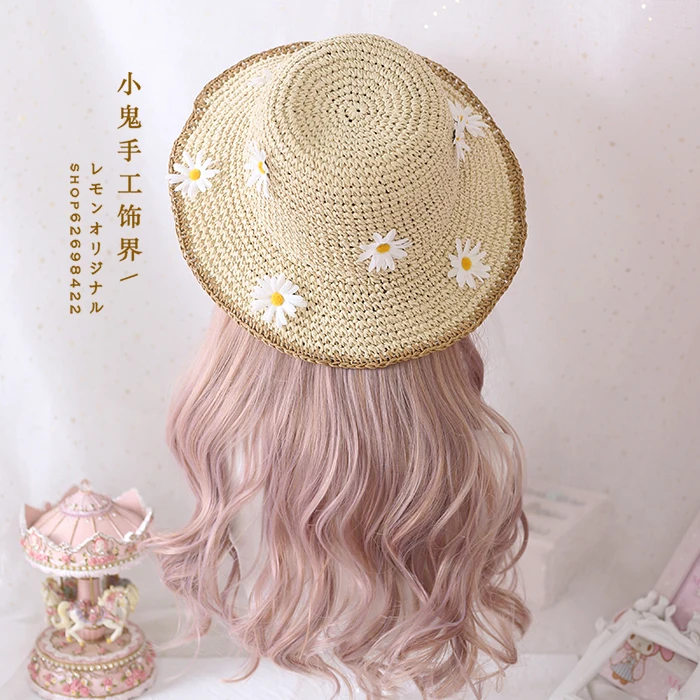 

Japanese Straw Hat Lace Sweet Flat Top Cap Sunhat Pastoral Style Small Fresh Girls Cute Daisy Female Beach Hat Strawhat Cosplay