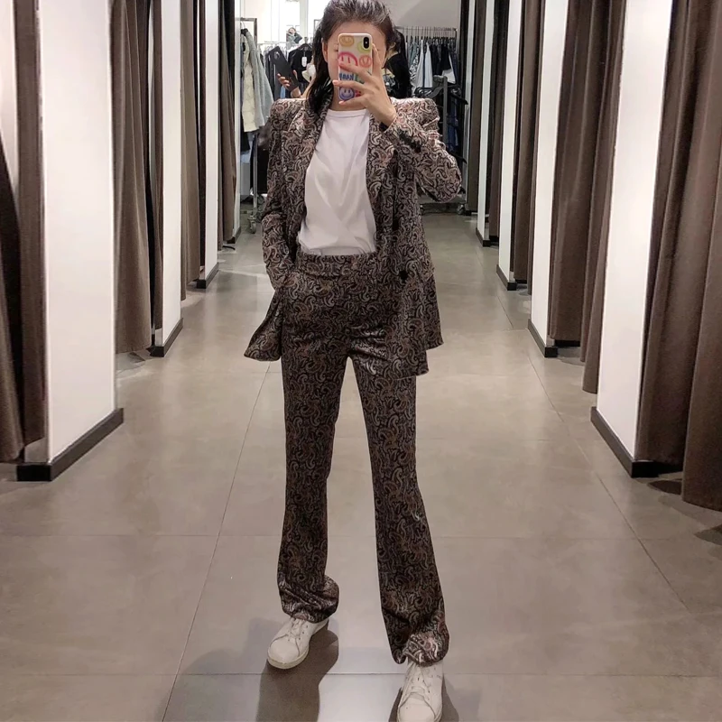 Женский бархатный костюм из 2 предметов офисный пиджак с винтажным принтом и