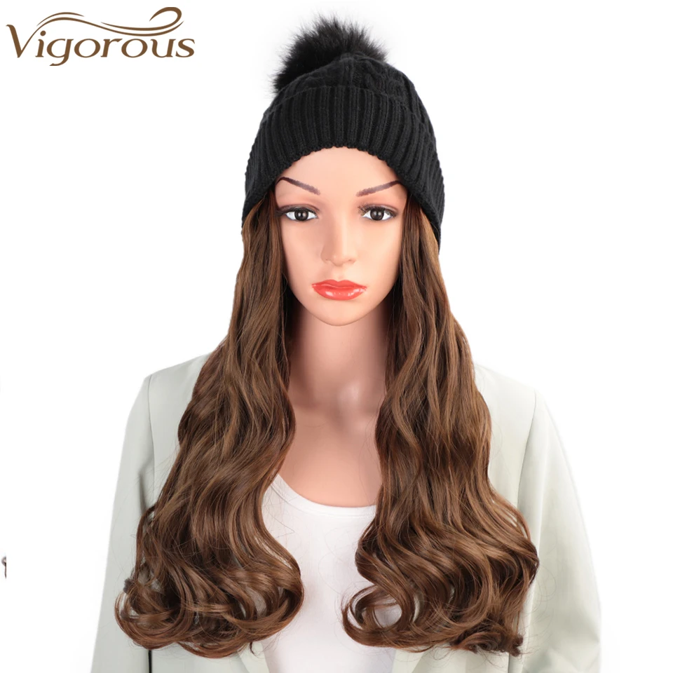 

Vigorous Synthetic Beanie Hat with Hair Attached Synthetic Long Wavy Wig Winter Slouchy Beanie for Women Hat with Hair