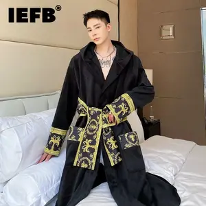 Imported IEFB Winter Thickened Comfortable Velvet Light Luxury Hooded Long Nightgown Men's Fashion Robes Belt