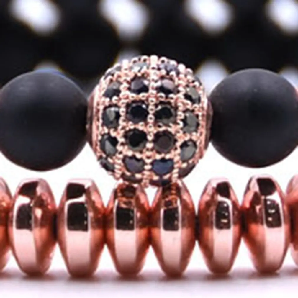 2 pcs/1 set Unisex Micro inlaid zircon stretch men women beads bracelet black gold color luxury gift | Украшения и аксессуары