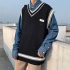 Вязаная жилетка с Для мужчин с v-образным вырезом, вязаный свитер пары размера плюс негабаритных Harajuku жилеты шикарный корейский стиль пуловер для отдыха