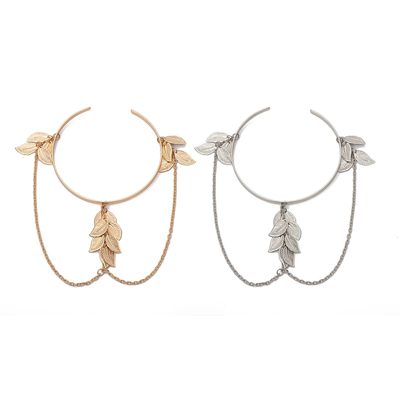 Женский браслет в стиле Бохо на руку с листьями золотого и серебряного цвета