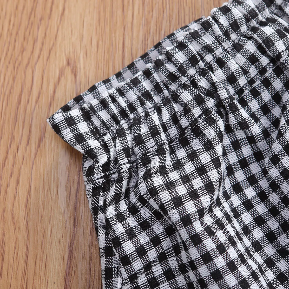 

2020 2Pcs Summer Breathable Little Girls Outfit Toddlers Solid Color Puff Sleeve Round Collar Short Top + Plaid Mini Skirt 1-6T