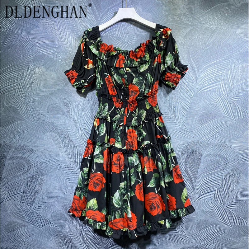 

DLDENGHAN Fashion Runway Designer Summer Cotton Dress Women Slash neck Short Sleeve Rose Flower Print Vacation Mini Dresses