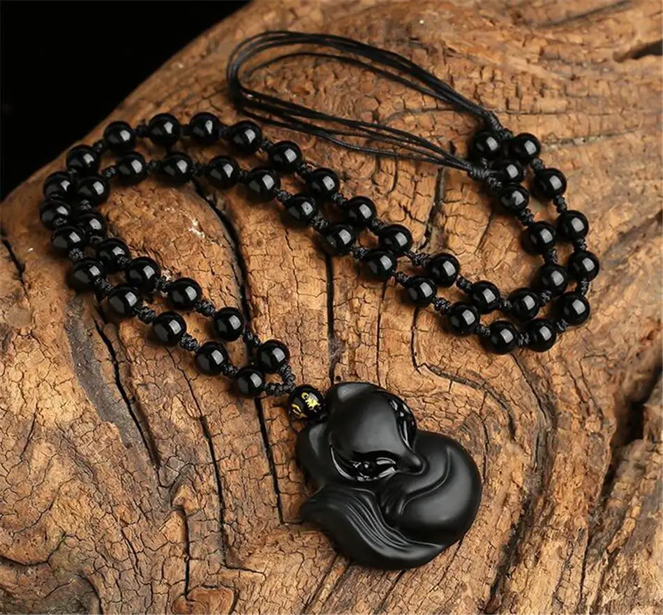 Ожерелье с подвеской в виде лисы из обсидиана ручной работы изящная чакра