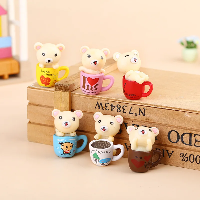 6pc Coffee Cup Brown White Bear miniature Figurine Cartoon Animal Model Garden Home Decoration Accessories Decor Craft Toy | Дом и сад