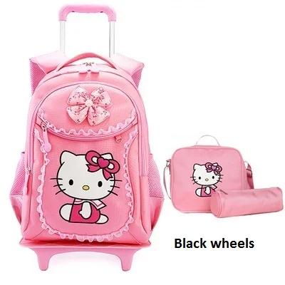 Black wheels Детские школьные сумки hello kitty, Детские рюкзаки, чемодан на колесиках для девочек, рюкзак Mochila Infantil Bolsas Zaini Scuola - Цвет: Black wheels