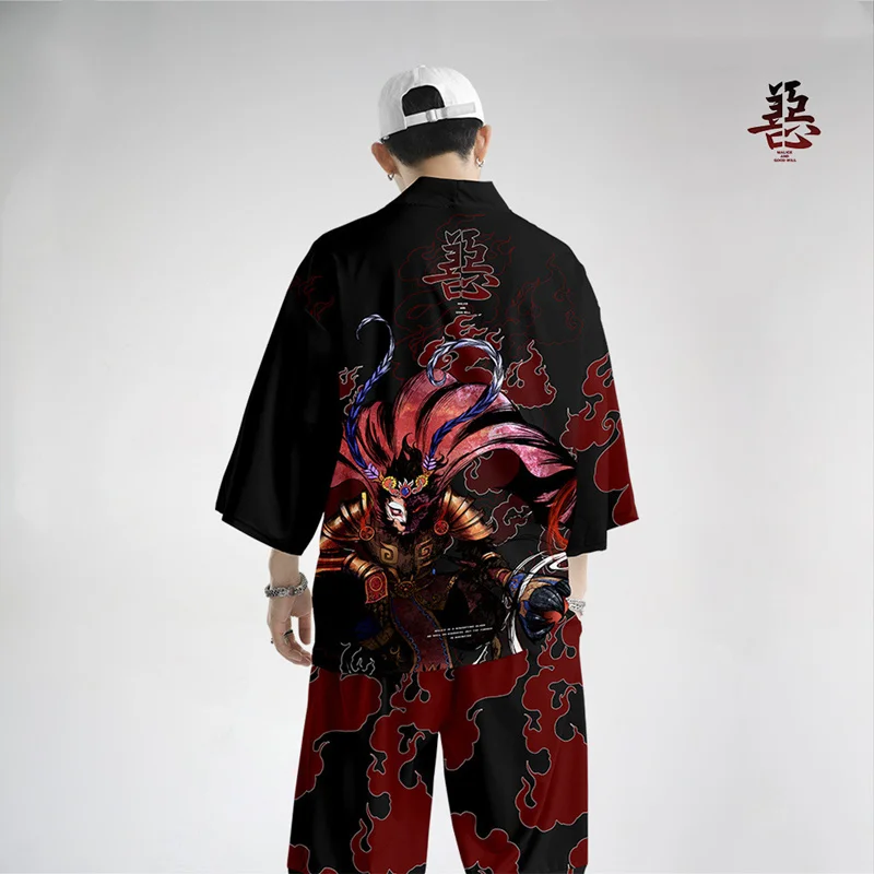 

Good Evil 3D Printing Kimono Cardigan Men Japanese Traditional Casual Loose Thin Set of Coat and Pants Asian Clothes Harajuku