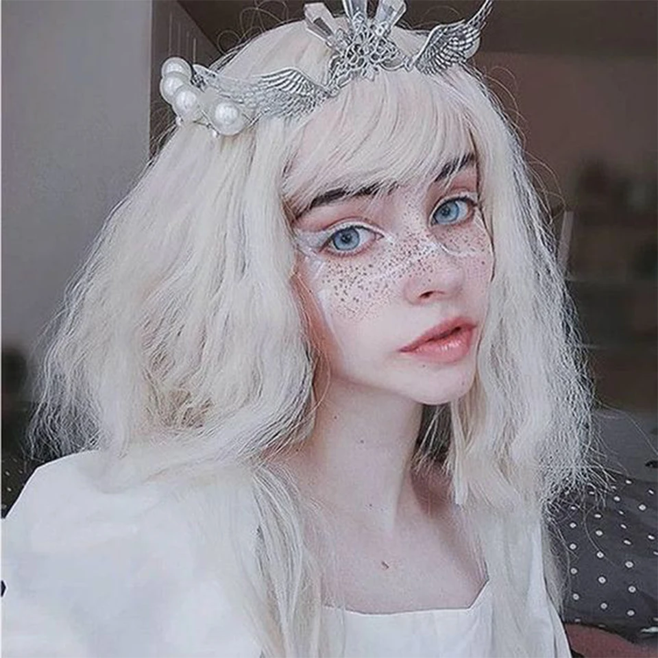 

HOUYAN White bangs short curly hair fluffy wig female natural cosplay lolita wig
