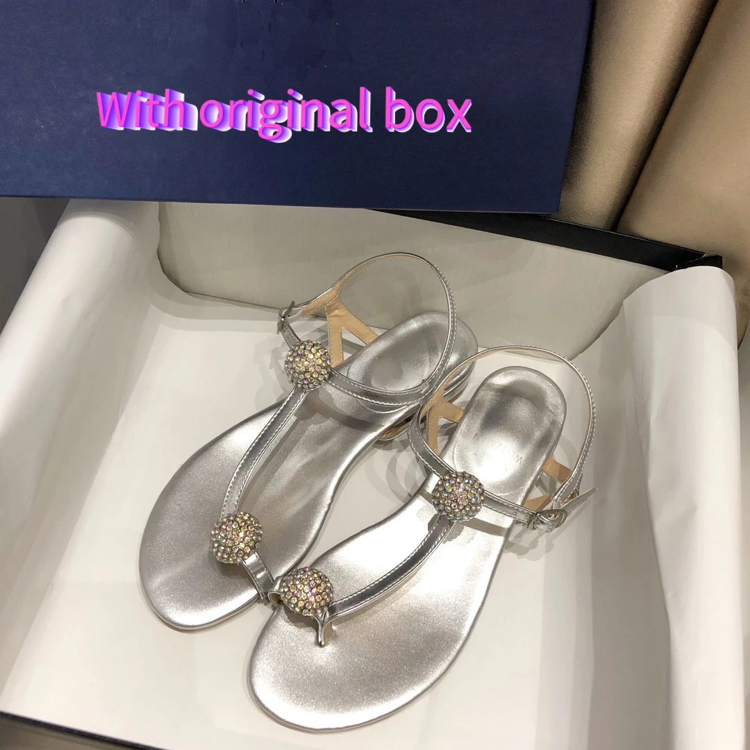 

2021 Summer Luxury Brand Rhinestone Women's Sandals Sheepskin Clip Toe Low Heel Women's Shoes Outdoor Sandals