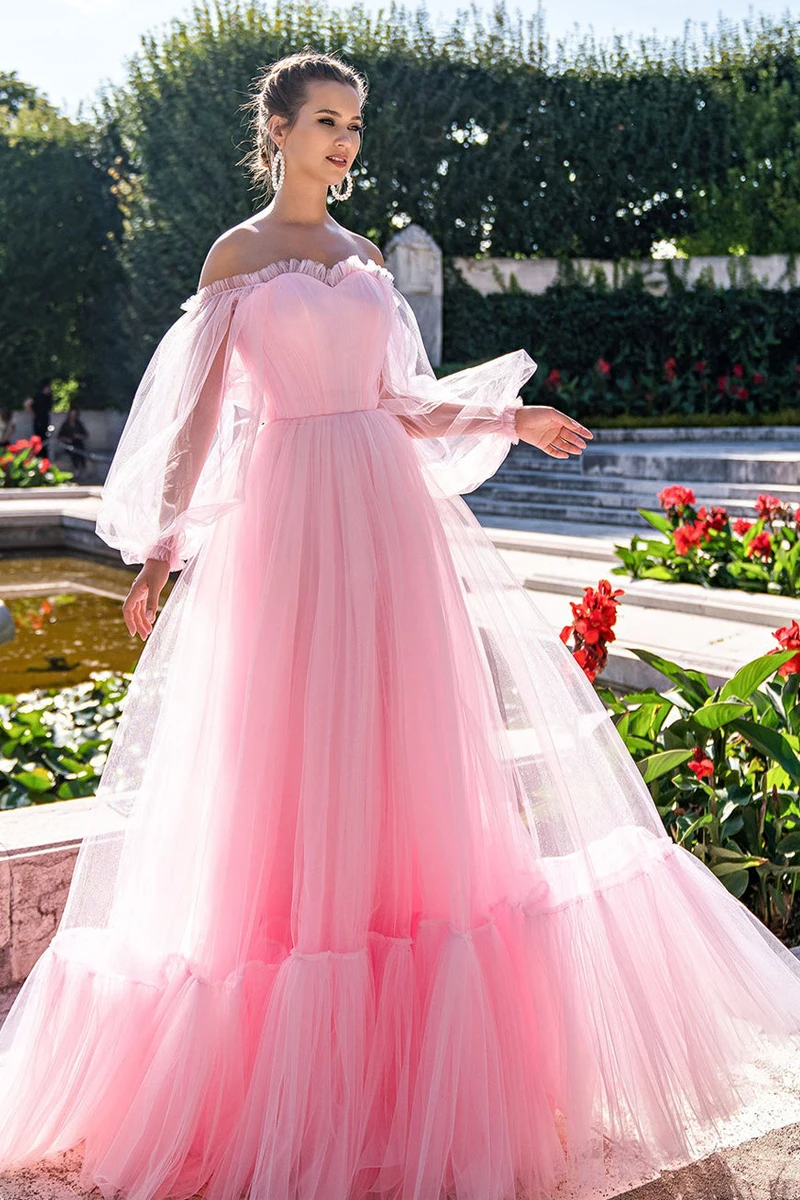 

Sweetheart Draped Pleats Long Sleeve Tulle A-line Lace Up Back Prom Dresses 2021 Women Formal Evening Gowns robes de soirée