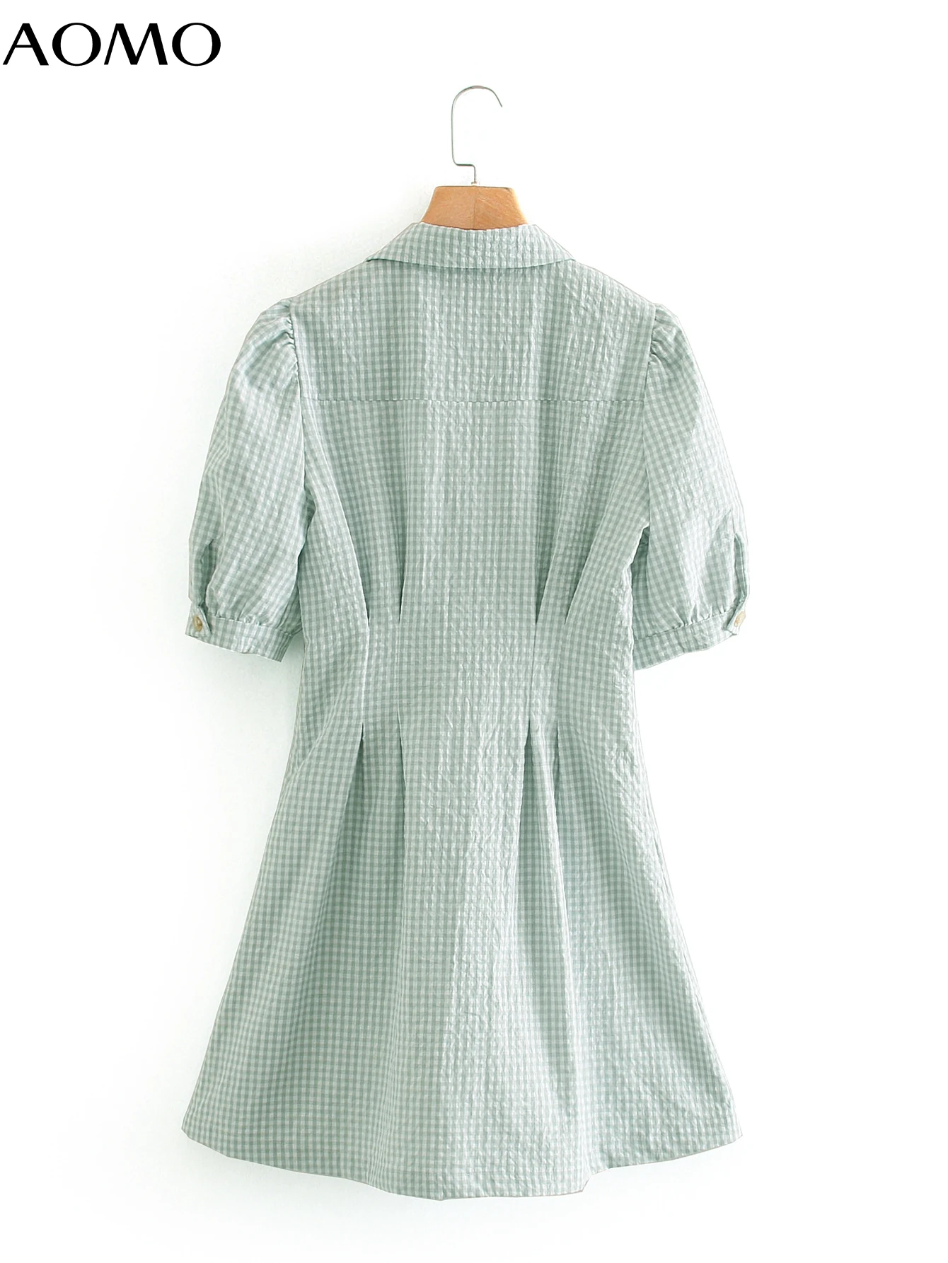 

AOMO fashion women green plaid print blazer dress short sleeve buttons ladies work short dress vestidos XN115A