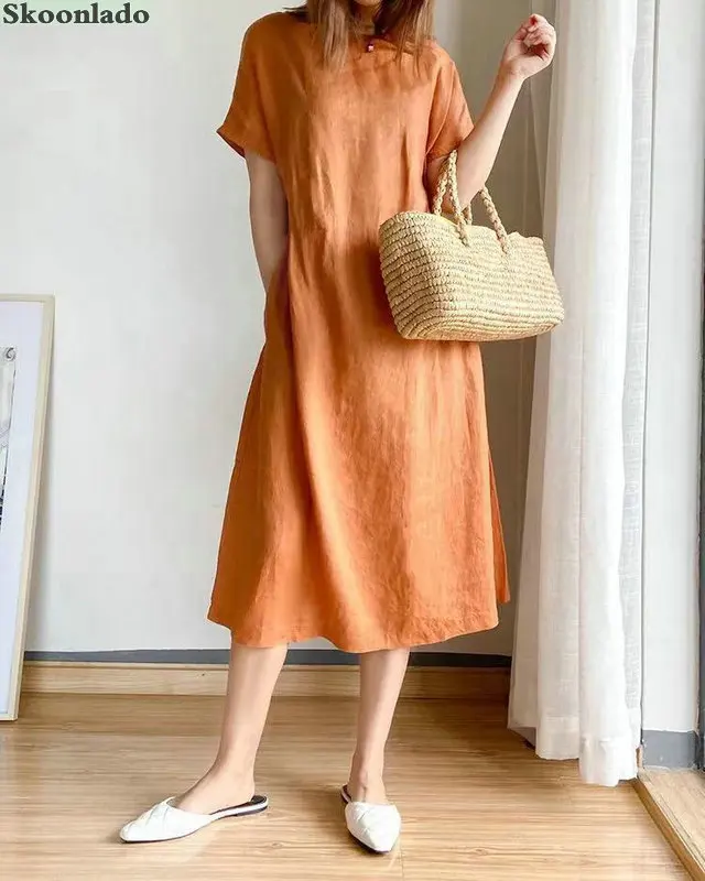 

newest women cotton linen dresses original original good brand design linen women dress middle sleeve lady fashion clothes hot